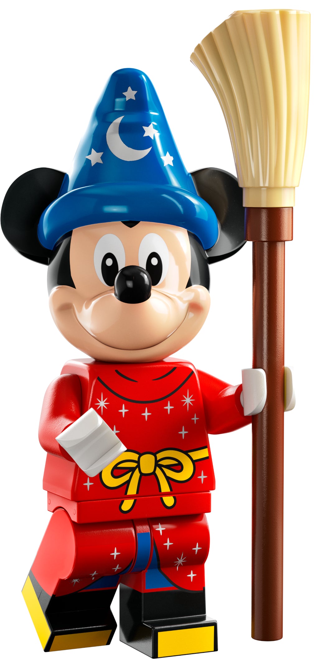LEGO Minifigur von Micky Mouse als der Zauberlehrling mit blauem Spitzhut, rotem Gewand und Besen in der Hand