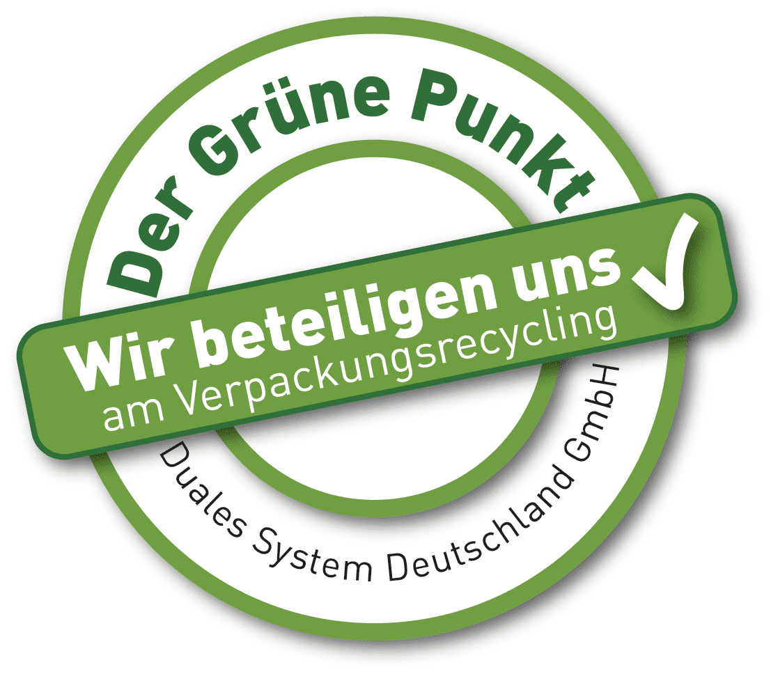 Grün-weißes Logo von "Der Grüne Punkt" mit Schriftzug "Wir beteiligen uns am Verpackungsrecycling" 